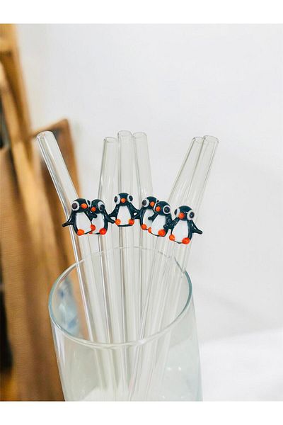 nazarboncuğu Glass Transparent Straw Sustainable Penguin Figured 6-Piece Glass Straw