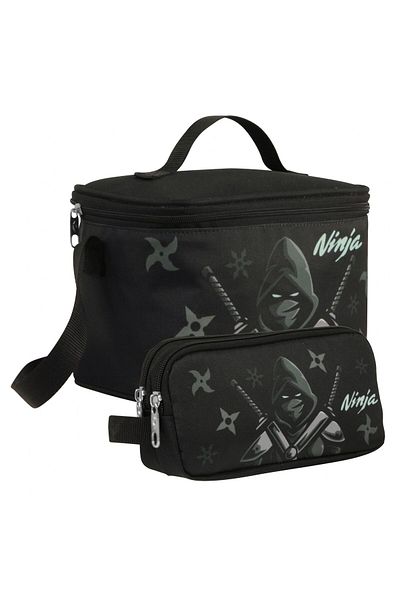 Cennec Boy's Ninja Patterned Black Turquoise Lunchbox and Pen Holder Set