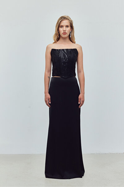 Bohai Design Siyah Renk Dantel Detaylı Straplez Büstiyer Etek Alt-Üst Takım