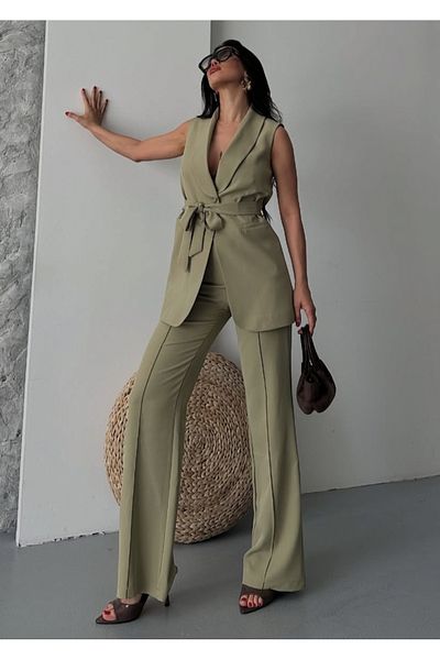 pembekurdelem Women's Shawl Collar and Belted Vest Pants Suit Khaki