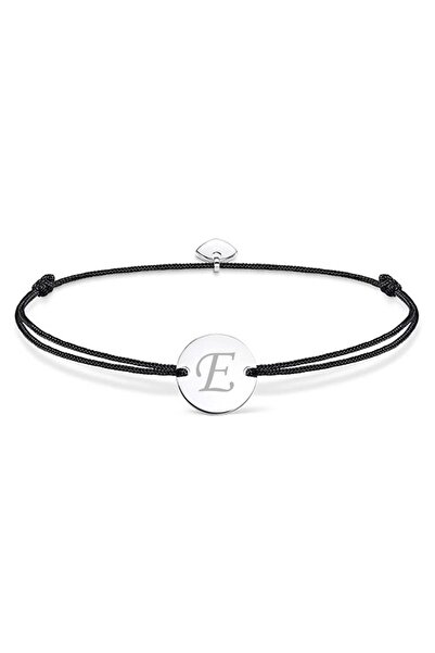 dalimag Brățară reglabilă cu pandantiv rotund și inimă, argint, gravată cu litera E, șnur negru