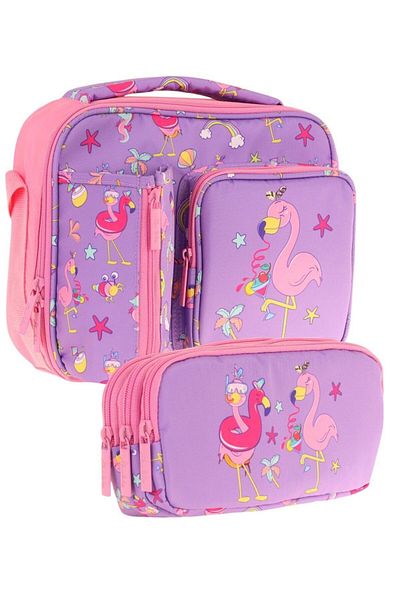 KAUKKO Kids Girl Purple Pink Flamingo Three Compartment Lunch Box and Pen Holder Set (L7240+L8240)