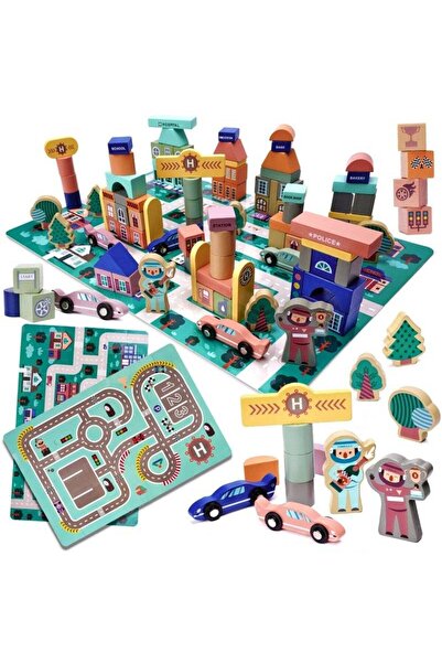 Ikonka Set 160 Piese Cuburi De Construit Kik, Oras, Lemn, 3 Ani , Multicolor