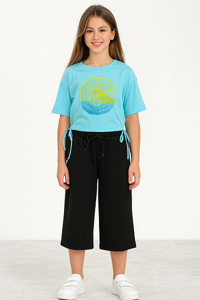 Minigimin Cicileri (Age 9-14) Oversize Girl's Capri Suit with Gathered Side Cropped - Light Blue