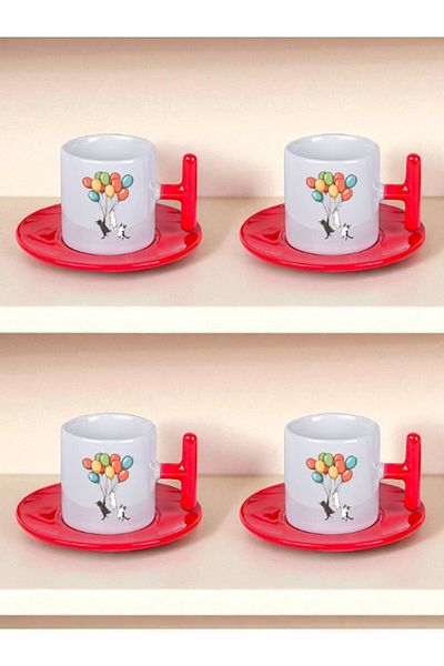 lili hediyelik Set of 4 Turkish Coffee Cups with Balloon and Cat Printed