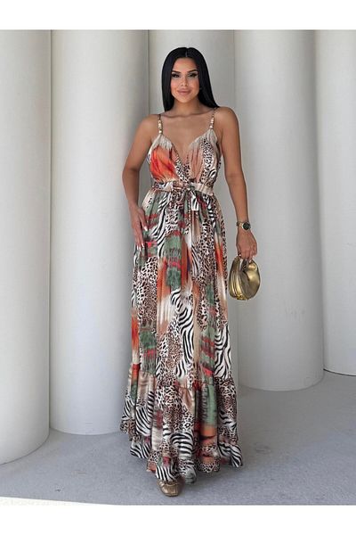 HARMONY GLOBAL Rochie lungă de vară din satin cu decolteu în V cu modele multicolore – cu bretele subțiri, spate elastic și curea 7406
