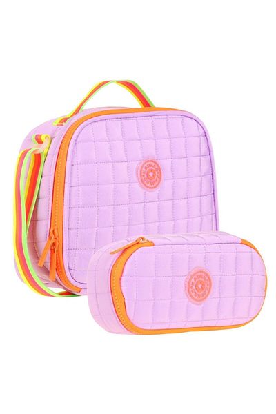 KAUKKO Quilted School Thermos Lunch Bag and Organizer Pen Holder Set - Girl - Purple Orange