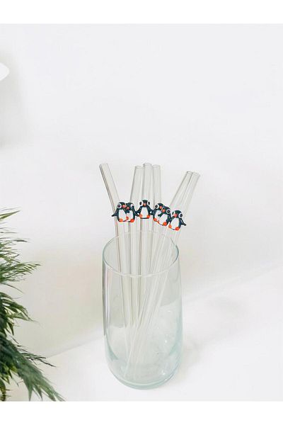 nazarboncuğu Glass Transparent Straw Sustainable Penguin Figured 6-Piece Glass Straw