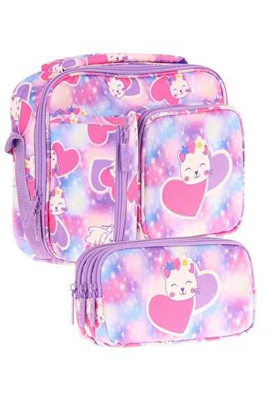 KAUKKO Деца Момиче Лила Розова Котка с Три Отделения Чанта за Хранене и Компл...