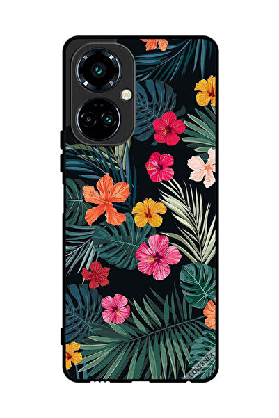 Covernex غطاء حماية لهاتف تكنو كامون 19 - زهور متعددة الألوان وريش أخضر داكن