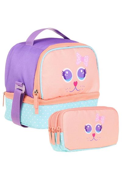 KAUKKO Two Compartment Thermal Insulated Nutrition + Pen Holder Set (Cat Pattern) (Pink Turquoise)