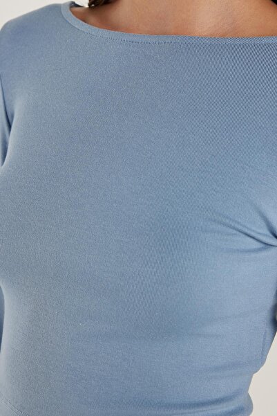 Tudors Kadın Slim Fit Dar Kesim Modal Kumaş Uzun Kollu Bisiklet Yaka Açık Mavi Bluz