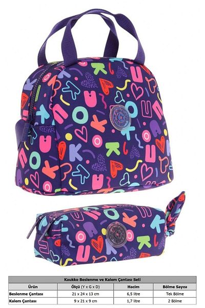 KAUKKO Brocade Navy Blue Girl's Thermal Insulated Lunch Bag and Pen Holder Set