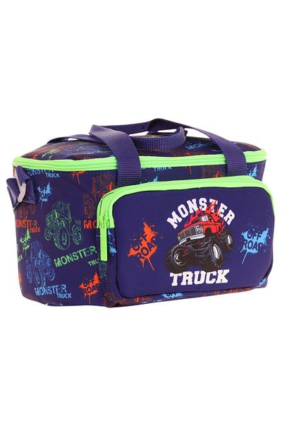 KAUKKO Kids Thermal Insulated Men's Monster Truck Green Navy Lunch Bag L7279 (Two Compartments)