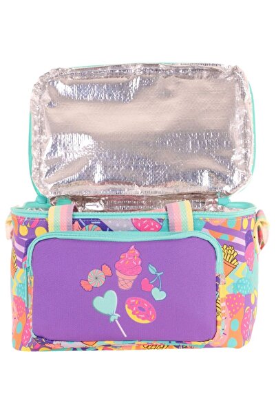 KAUKKO Дитяча термоізольована сумка для ланчу з малюнком цукерок для дівчаток, фіолетова, L7231 (з двома відділеннями)