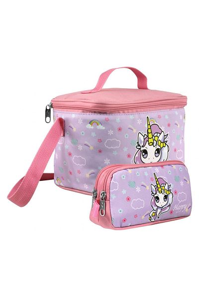 Cennec Girl's Rainbow Unicorn Patterned Turquoise Pink Lunchbox and Pen Holder Set
