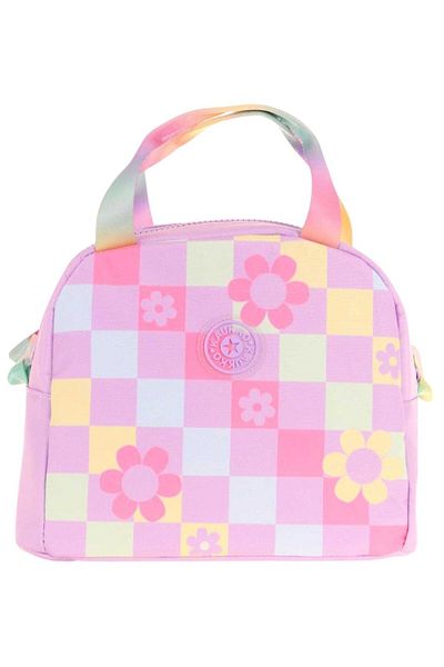 KAUKKO Pink Flower and Checkerboard Printed Lunchbox for Girls (Thermal Insulated) (K9061)