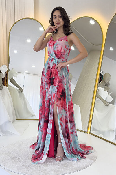 the ZKS Kadın Askılı Pembe Çiçek Desenli Uzun Yırtmaçlı Şifon Abiye Elbise