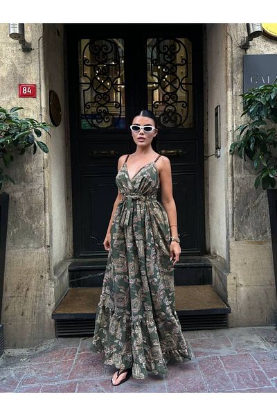 HARMONY GLOBAL Ethnic Patterned Dark Green Double Breasted V-Neck Long Summer Dress – Strap, Elastic Back, Belt 7413