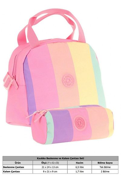 KAUKKO Rainbow Lunchbox + Pen Holder Set Pink Multicolor, Striped, Girl