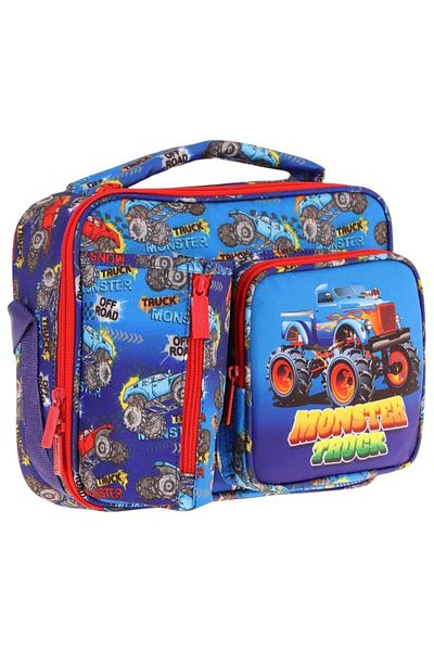 KAUKKO Men's Navy Blue Red Truck Thermo Three Compartment (Water Bottle Pocket) School Lunchbox L7257