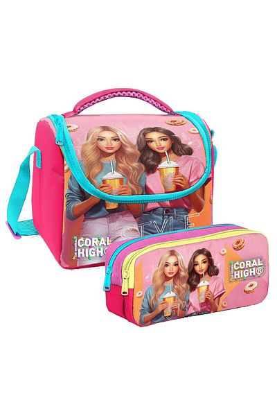 Coral High Girl's Pink Red Fashion Girl Thermo Lunchbox and Two Compartment Pen Holder Set