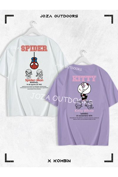 Joza Outdoors Femei Bărbați Kitty Spider Scris BACK Imprimat Cuplu Iubitori Combinație Tricou oversize Set 2 piese