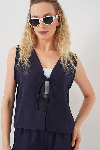 Bigdart Women's Linen Look Zero Sleeve Double Suit 6746 - Navy Blue