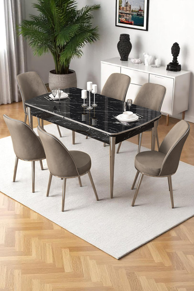 Canisa Nira Serisi 70x114 Mdf Siyah Mermer Desen Mutfak Masa Takımı 6 Cappuci...