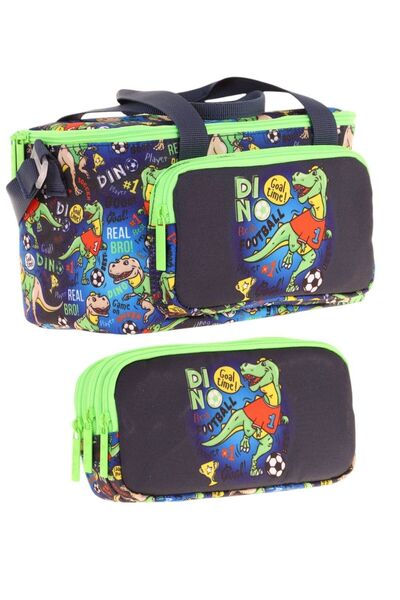 KAUKKO Lunchbox and Pencil Bag Set - Boy - Navy Blue Green Dinosaur Printed