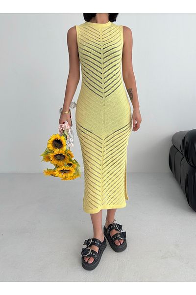 Zenea Yellow Body Fitting Slit Knitwear Beach Dress