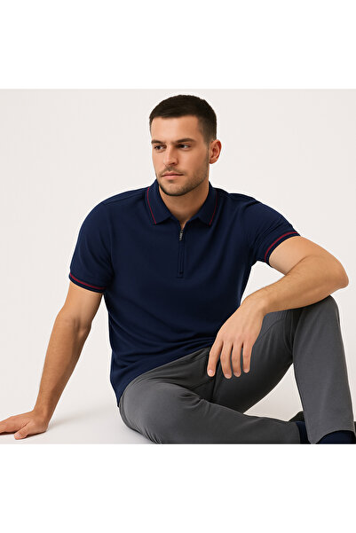 UOMOPARK 2989-2 Чоловіча футболка-поло на блискавці з коміром і червоною лінією, Regular fit, літній стильний спортивний стиль