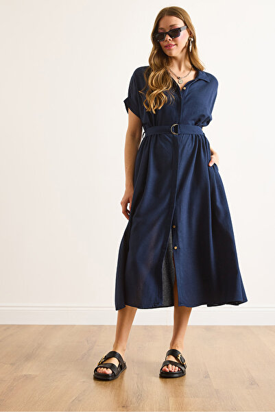 Olalook Women's Navy Blue Belted Hidden Placket Midi Bell Shirt Dress Elb-19002476