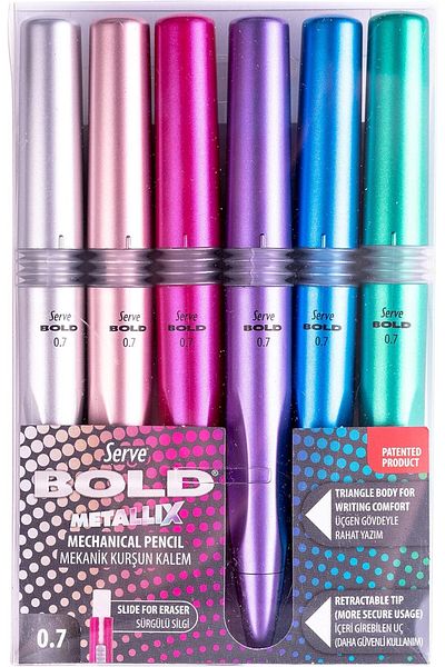 Mena Rise Şirinshop Bold M.Kursun Pen Metallic 0.7mm, 6 Li Pet 1108107