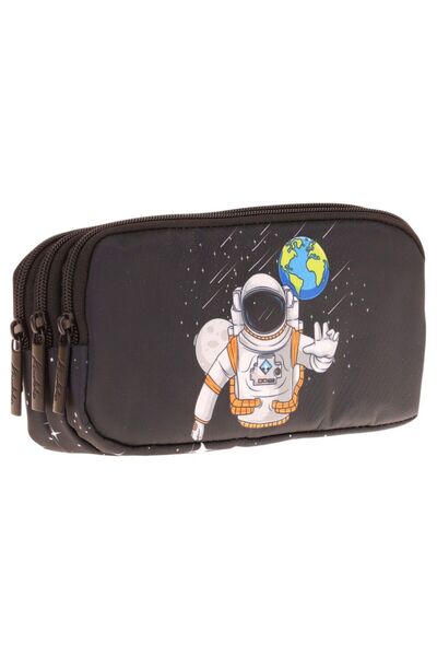KAUKKO Kids Black, Astronaut, Boys Three Compartment School Pencil Bag - L8253