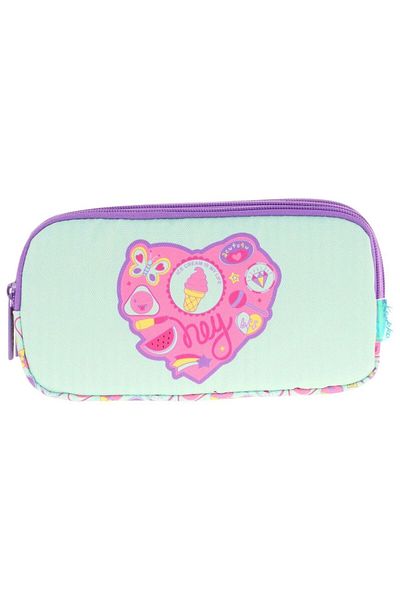 KAUKKO Kids Three Compartment Turquoise Purple, Confectionery Printed, Girls' School Pen Holder - L8230