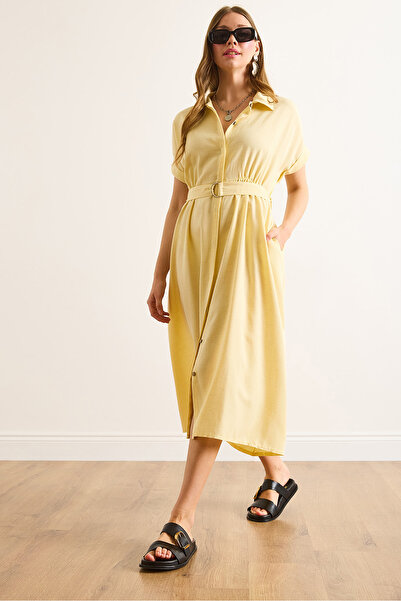 Olalook Women's Yellow Belted Hidden Placket Midi Bell Shirt Dress Elb-19002476