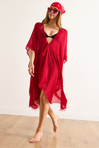 Olalook Women's Red Slit Tie Pareo Kimono Kmn-00000063