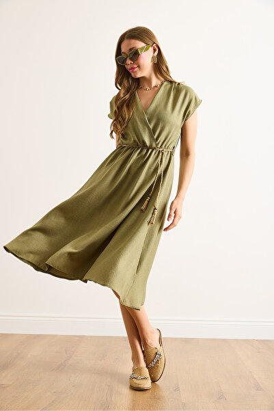 Olalook Women's Khaki Straw Lace Bat Waist Elastic Dress Elb-19002486