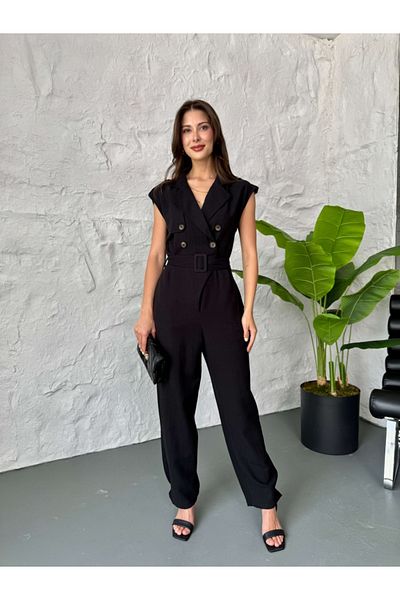 Elif Özbey Butik Black Four Button Linen Jumpsuit