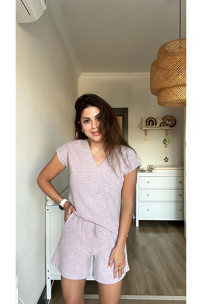 Buket Teke Lilac V-Neck Shorts Blouse Set