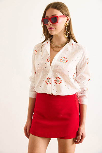 Olalook Kadın Turuncu Beyaz Nakışlı Oval Desenli Fisto Gömlek GML-19001365