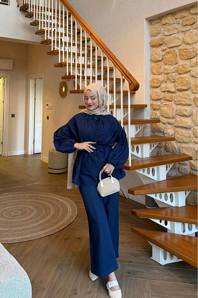lurex moda Linen Balloon Sleeve Half Button Suit