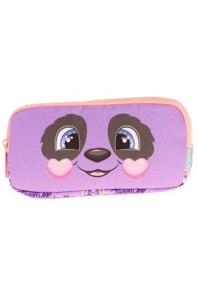 KAUKKO Kids Three Compartment Purple Salmon, Panda Patterned, Girls' School Pen Holder - L8233