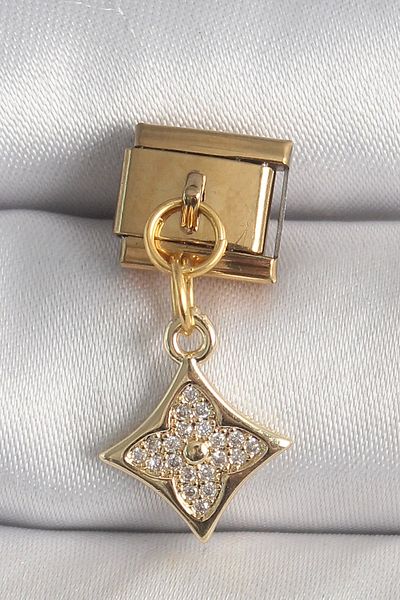 Clariss 316L Steel Gold Color Hanging Zircon Stone Flower Embroidered Nomination Charm