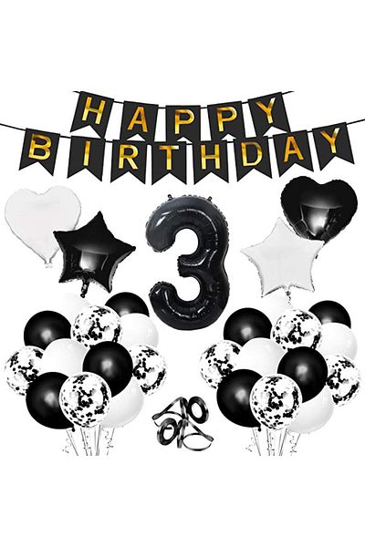 Gxhong number 3 birthday set, black/white, latex/foil, 32 pieces