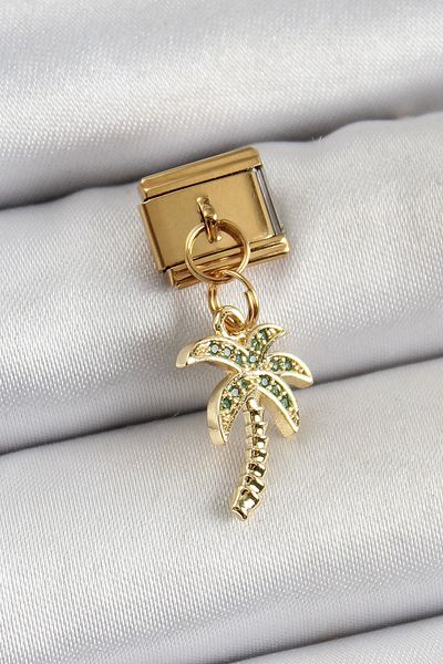 Clariss 316L Steel Dangle Zircon Stone Palm Tree Model Gold Color Nomination Charm