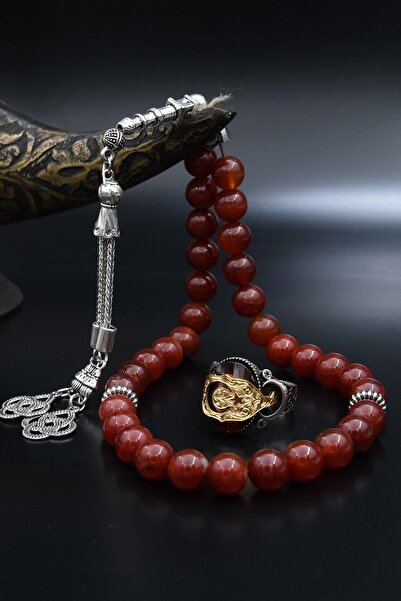 Prestige Doğal Akik Taşlı Tesbih Ve 925 Ayar Gümüş Yüzük Ay Yıldızlı 901983