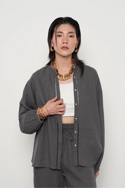 Orfeo Negro Women's Anthracite Color Judge Collar Shirt with Lace Detail on the Front and Sleeves
