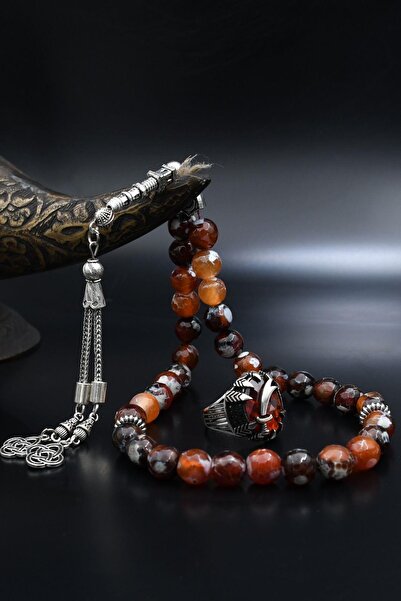 Prestige Doğal Damarlı Akik Taşlı Tesbih Ve 925 Ayar Gümüş Yüzük Zülfikar Fig...